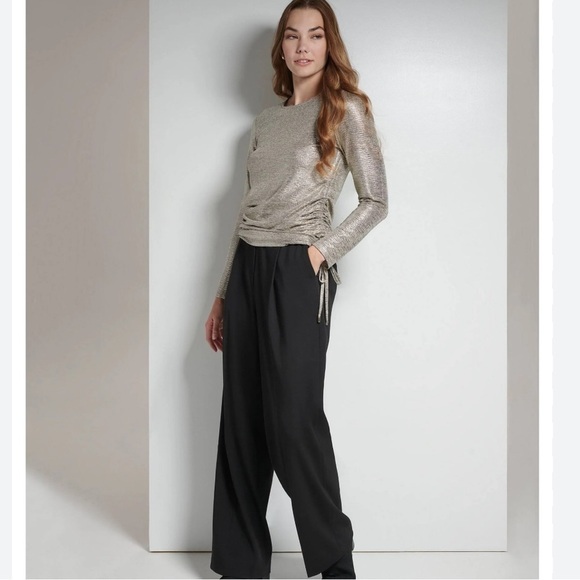 Calvin Klein Metallic Ruched Drawstring Top 3X Gold Shimmer Long Sleeve Stretchy - Picture 1 of 15